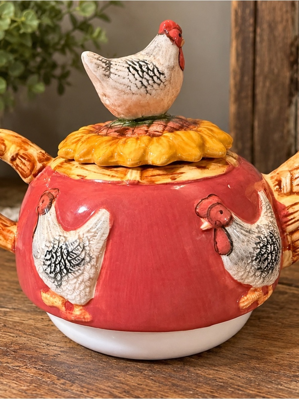 Chicken Hen Teapot Ceramic Red Sunflower Lid 3D Farmhouse Country Kitchen Decor